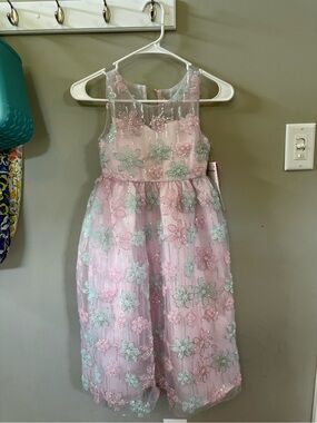 Rare Editions Pink Dress with Mint Floral Appliqués